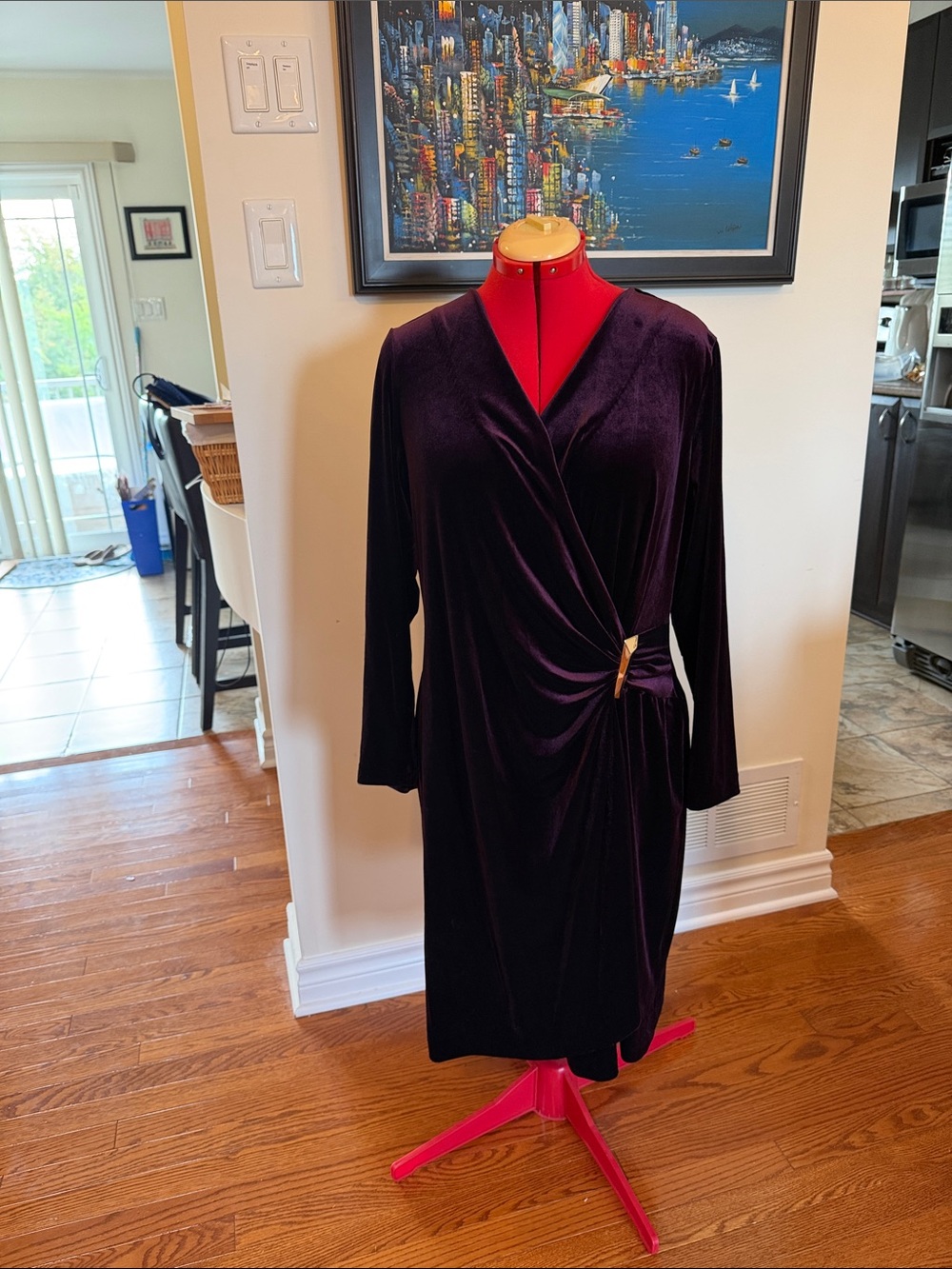 Calvin Klein Deep Plum Velvet Wrap Dress with Gold Accent